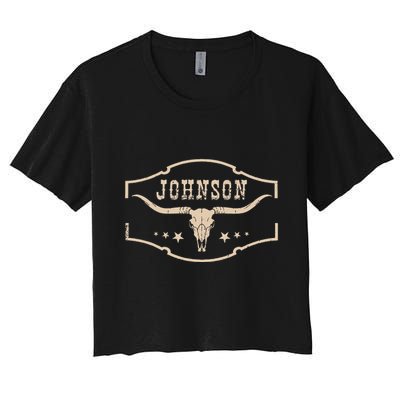 Distressed Johnson Cowhide Name Proud Bullskull Cow Crop Top