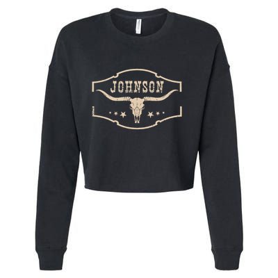 Distressed Johnson Cowhide Name Proud Bullskull Cow Cropped Pullover Crew