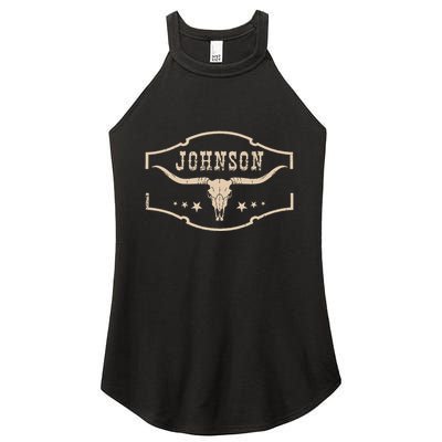 Distressed Johnson Cowhide Name Proud Bullskull Cow Women's Perfect Tri Rocker Tank
