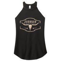 Distressed Johnson Cowhide Name Proud Bullskull Cow Women's Perfect Tri Rocker Tank