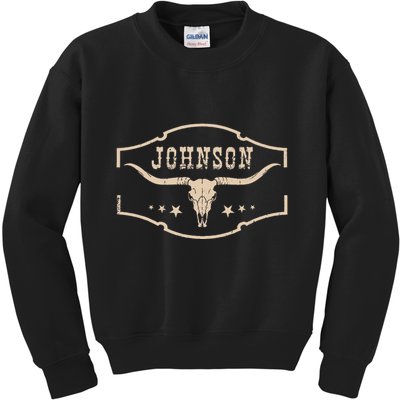 Distressed Johnson Cowhide Name Proud Bullskull Cow Kids Sweatshirt
