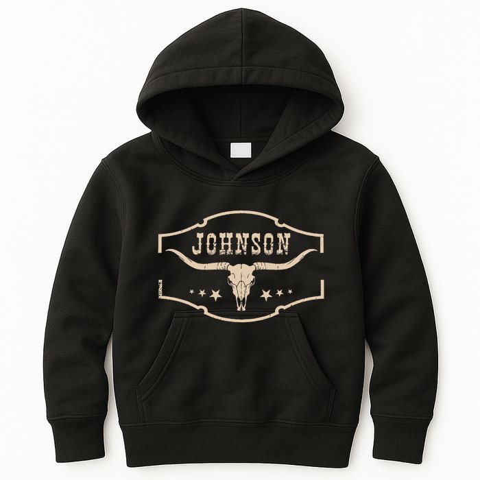 Distressed Johnson Cowhide Name Proud Bullskull Cow Kids Hoodie