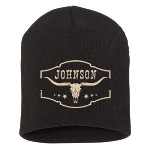 Distressed Johnson Cowhide Name Proud Bullskull Cow Short Acrylic Beanie