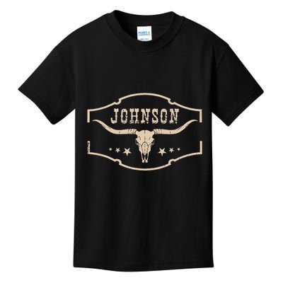 Distressed Johnson Cowhide Name Proud Bullskull Cow Kids T-Shirt