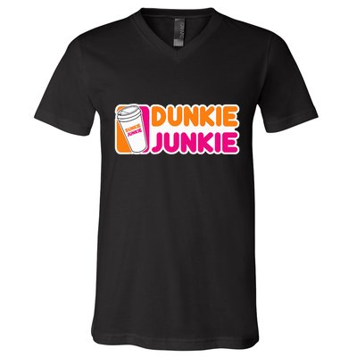 Dunkie Junkie Coffee Love Funny Coffee Saying V-Neck T-Shirt