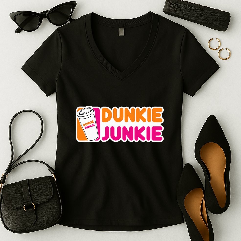 Dunkie Junkie Coffee Love Funny Coffee Saying Women's V-Neck T-Shirt