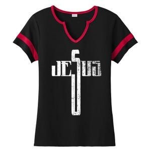 Distressed Jesus Cross Christian Religious Tee Ladies Halftime Notch Neck Tee