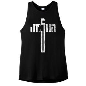 Distressed Jesus Cross Christian Religious Tee Ladies PosiCharge Tri-Blend Wicking Tank