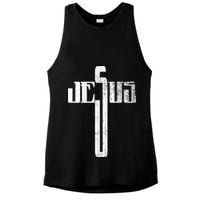 Distressed Jesus Cross Christian Religious Tee Ladies PosiCharge Tri-Blend Wicking Tank