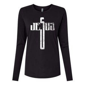 Distressed Jesus Cross Christian Religious Tee Womens Cotton Relaxed Long Sleeve T-Shirt