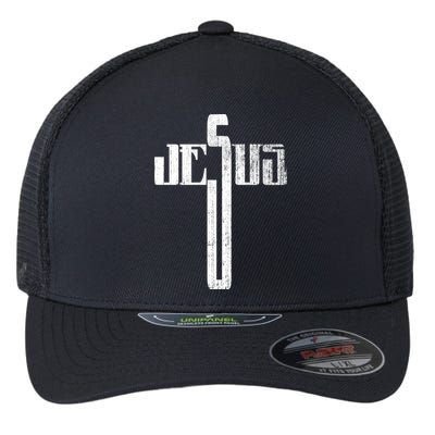 Distressed Jesus Cross Christian Religious Tee Flexfit Unipanel Trucker Cap