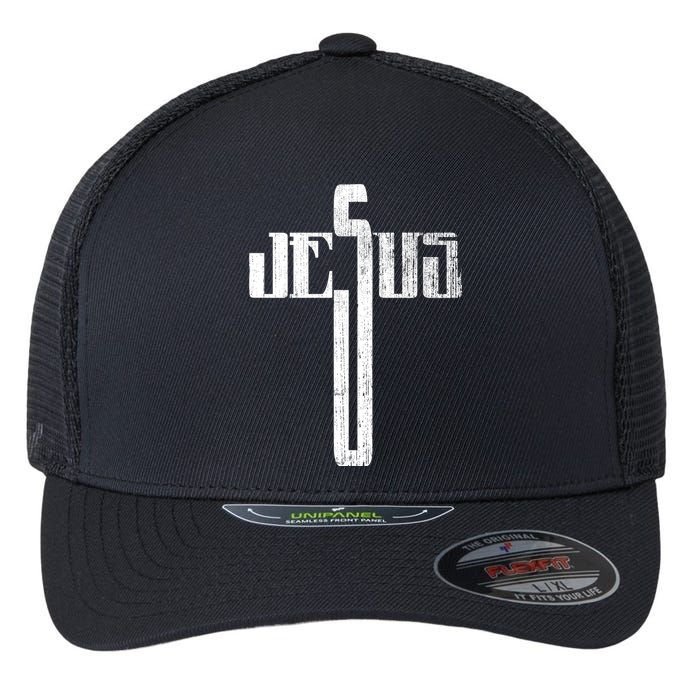 Distressed Jesus Cross Christian Religious Tee Flexfit Unipanel Trucker Cap