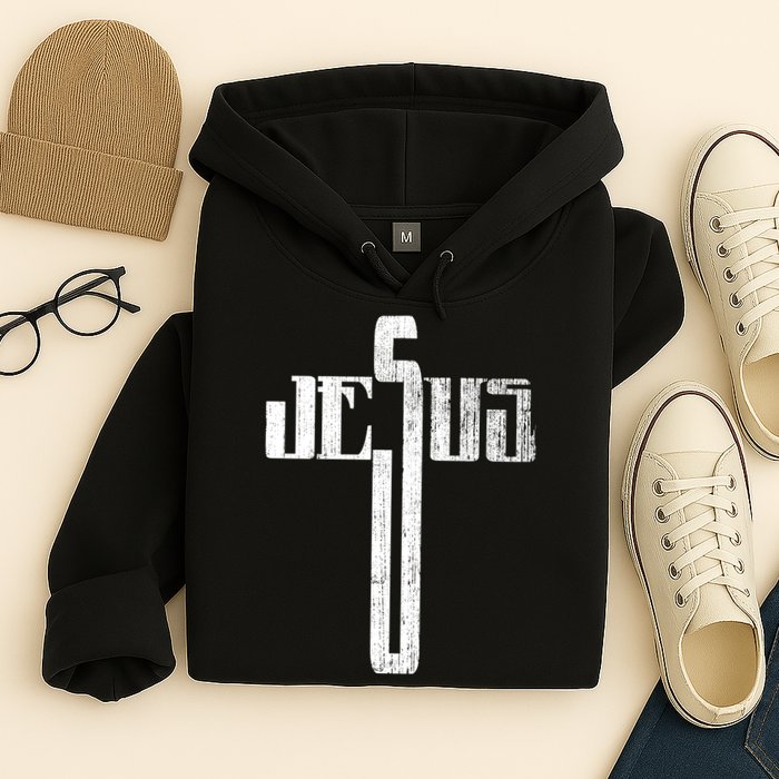 Distressed Jesus Cross Christian Religious Tee Hoodie
