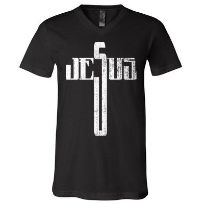 Distressed Jesus Cross Christian Religious Tee V-Neck T-Shirt
