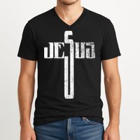 Distressed Jesus Cross Christian Religious Tee V-Neck T-Shirt