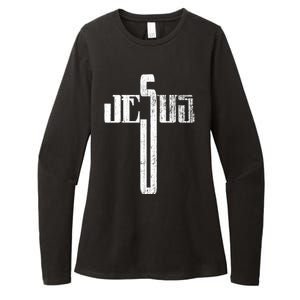 Distressed Jesus Cross Christian Religious Tee Womens CVC Long Sleeve Shirt