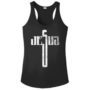 Distressed Jesus Cross Christian Religious Tee Ladies PosiCharge Competitor Racerback Tank