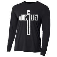 Distressed Jesus Cross Christian Religious Tee Cooling Performance Long Sleeve Crew