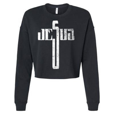 Distressed Jesus Cross Christian Religious Tee Cropped Pullover Crew