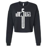 Distressed Jesus Cross Christian Religious Tee Cropped Pullover Crew