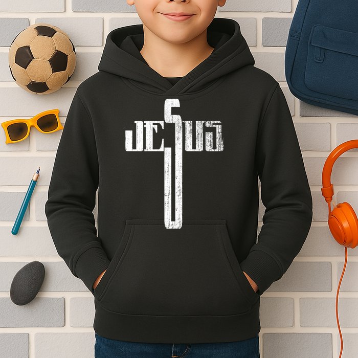 Distressed Jesus Cross Christian Religious Tee Kids Hoodie