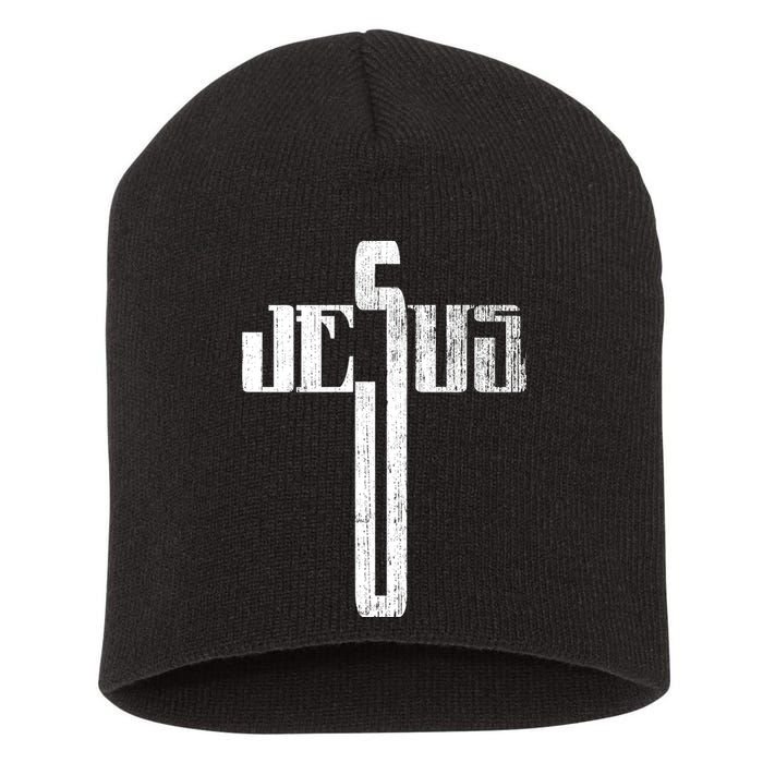 Distressed Jesus Cross Christian Religious Tee Short Acrylic Beanie