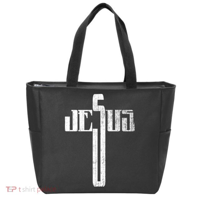 Distressed Jesus Cross Christian Religious Tee Zip Tote Bag