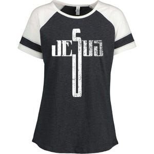 Distressed Jesus Cross Christian Religious Tee Enza Ladies Jersey Colorblock Tee