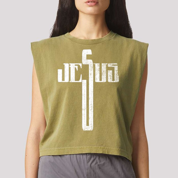 Distressed Jesus Cross Christian Religious Tee Garment-Dyed Women's Muscle Tee