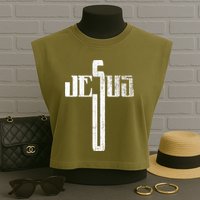 Distressed Jesus Cross Christian Religious Tee Garment-Dyed Women's Muscle Tee
