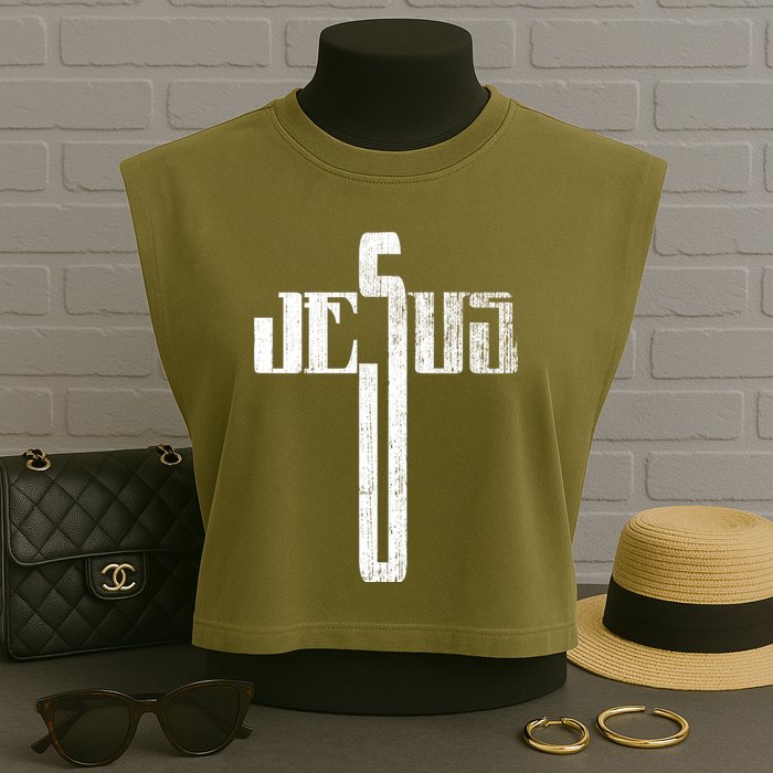 Distressed Jesus Cross Christian Religious Tee Garment-Dyed Women's Muscle Tee