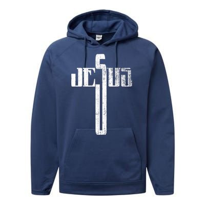 Distressed Jesus Cross Christian Religious Tee Performance Fleece Hoodie