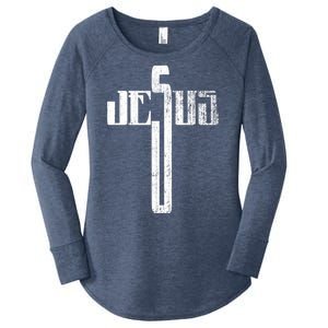 Distressed Jesus Cross Christian Religious Tee Women's Perfect Tri Tunic Long Sleeve Shirt