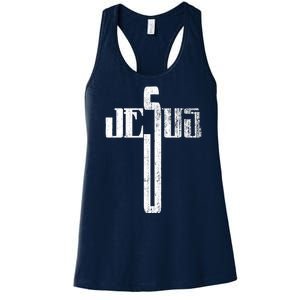 Distressed Jesus Cross Christian Religious Tee Women's Racerback Tank