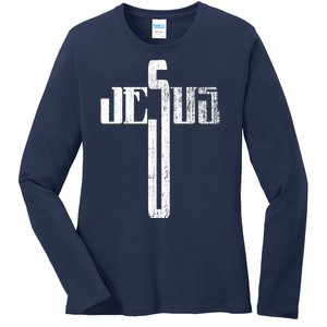 Distressed Jesus Cross Christian Religious Tee Ladies Long Sleeve Shirt