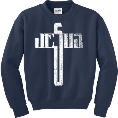 Distressed Jesus Cross Christian Religious Tee Kids Sweatshirt