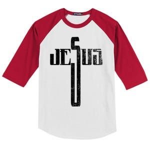 Distressed Jesus Cross Christian Religious Tee Kids Colorblock Raglan Jersey