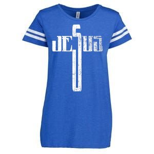 Distressed Jesus Cross Christian Religious Tee Enza Ladies Jersey Football T-Shirt