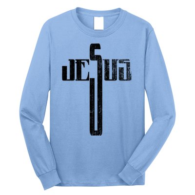 Distressed Jesus Cross Christian Religious Tee Long Sleeve Shirt