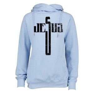 Distressed Jesus Cross Christian Religious Tee Womens Funnel Neck Pullover Hood