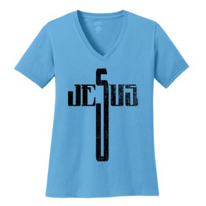 Distressed Jesus Cross Christian Religious Tee Women's V-Neck T-Shirt