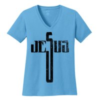 Distressed Jesus Cross Christian Religious Tee Women's V-Neck T-Shirt