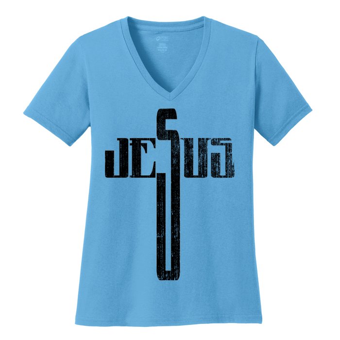 Distressed Jesus Cross Christian Religious Tee Women's V-Neck T-Shirt