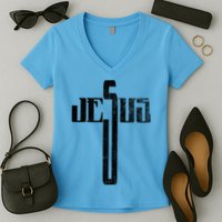 Distressed Jesus Cross Christian Religious Tee Women's V-Neck T-Shirt