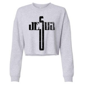 Distressed Jesus Cross Christian Religious Tee Cropped Pullover Crew