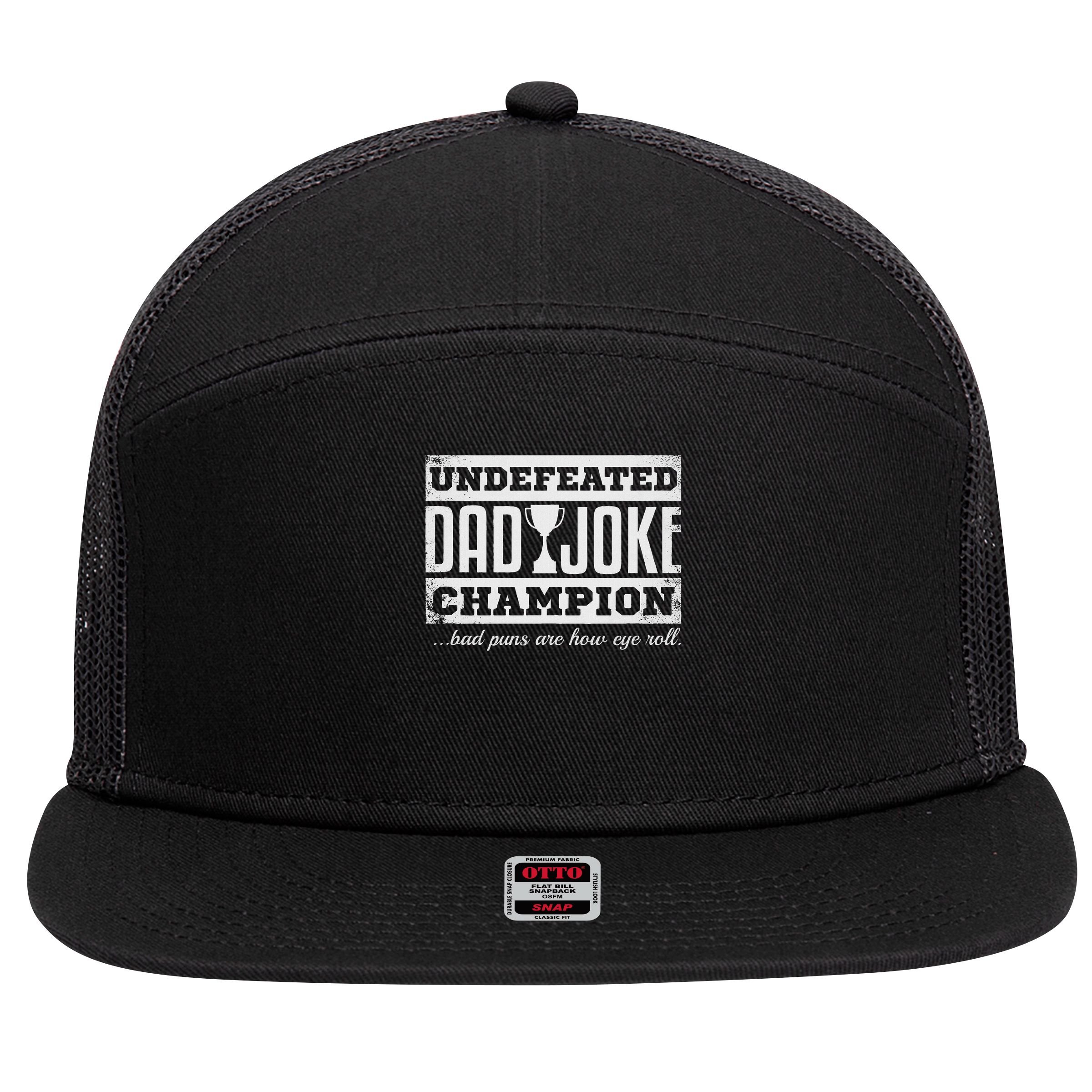 Dad Joke Champion Funny Father's Day Gift Bad Puns 7 Panel Mesh Trucker Snapback Hat