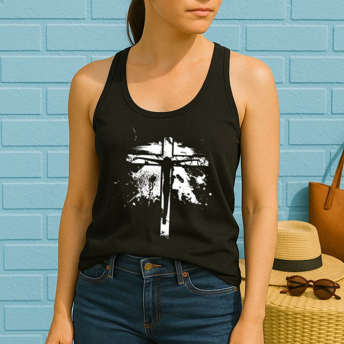 Distressed Jesus Cross Christianity Womens Tank Top