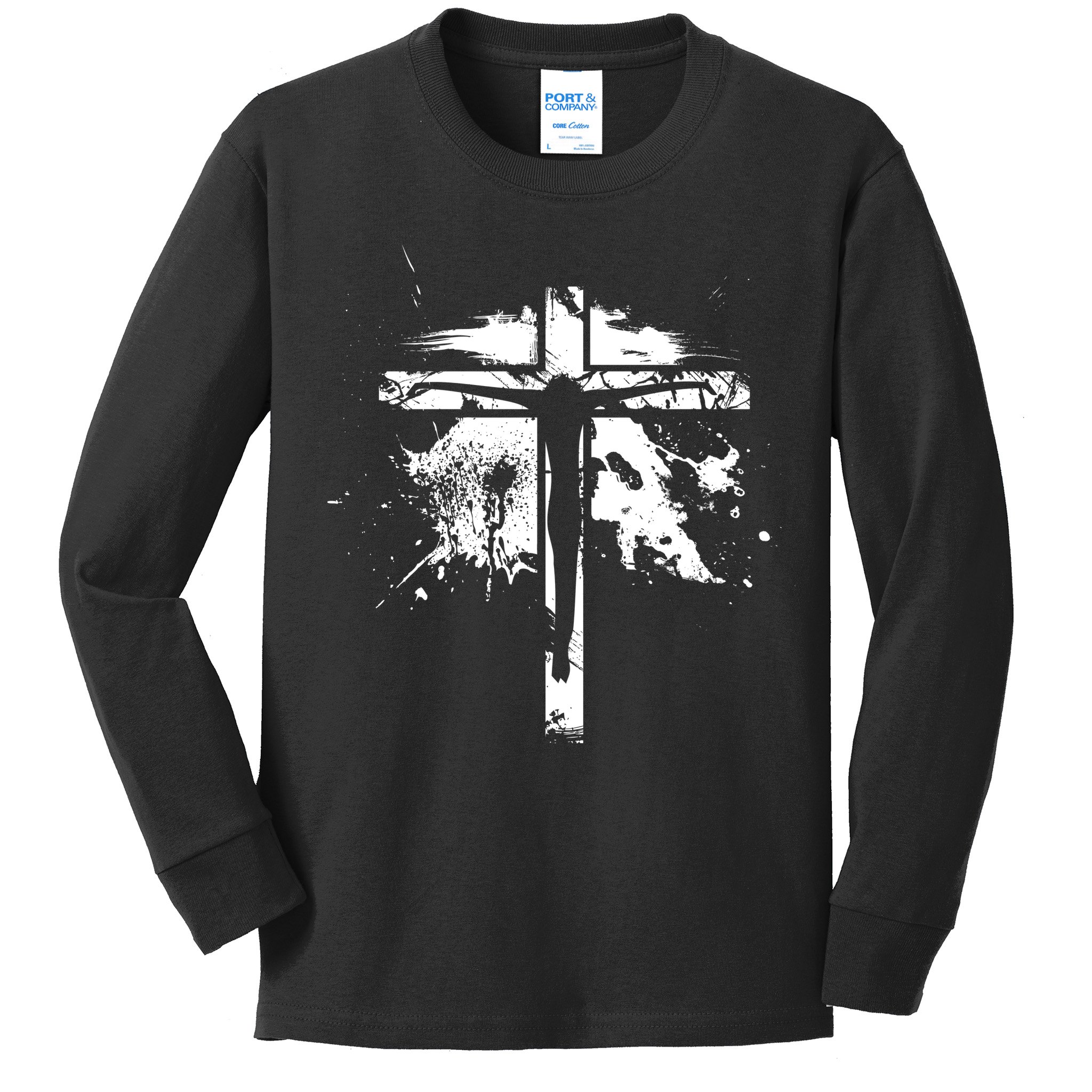 Distressed Jesus Cross Christianity Kids Long Sleeve Shirt