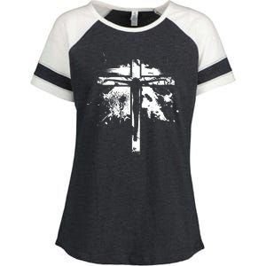 Distressed Jesus Cross Christianity Enza Ladies Jersey Colorblock Tee