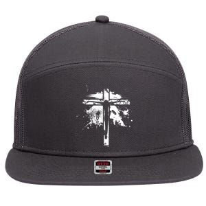 Distressed Jesus Cross Christianity 7 Panel Mesh Trucker Snapback Hat